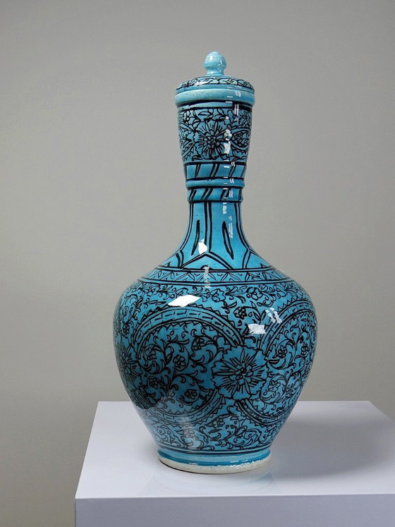 Image 1 of Covered vase or Persian jar, glazed Iznik pottery, turquoise painted, vintage
