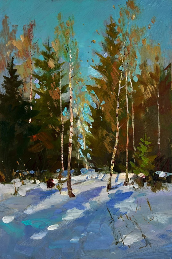 Image 1 of Original Oil Painting Snowy Trees Landscape Sunny winter forest