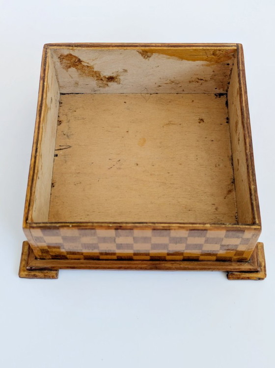 Image 1 of Midcentury Handmade Wooden Trinket Box, Dog Figurine Lid Checkered Pattern, Quirky Decor