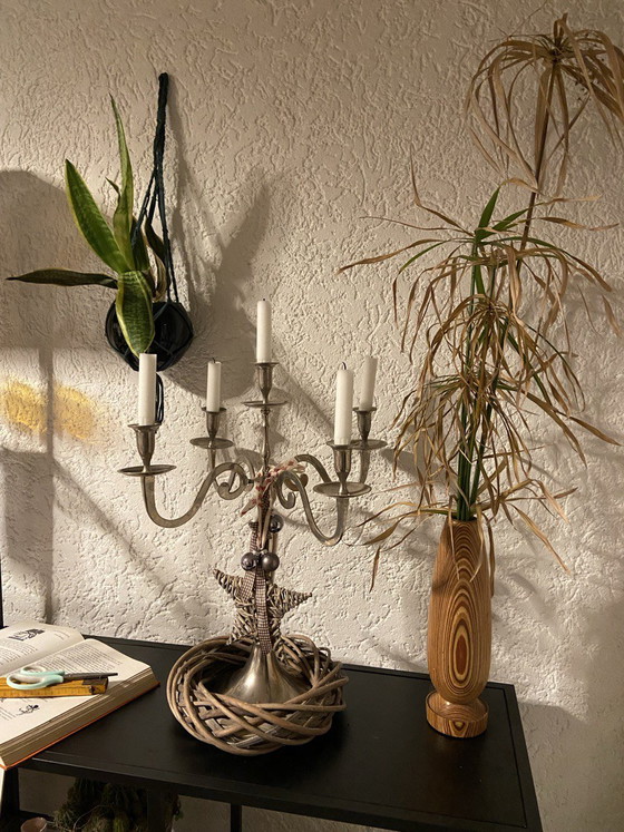 Image 1 of Vintage retro decoratieve vaas, kandelaar, unieke handgemaakte houten antieke zeldzaamheid