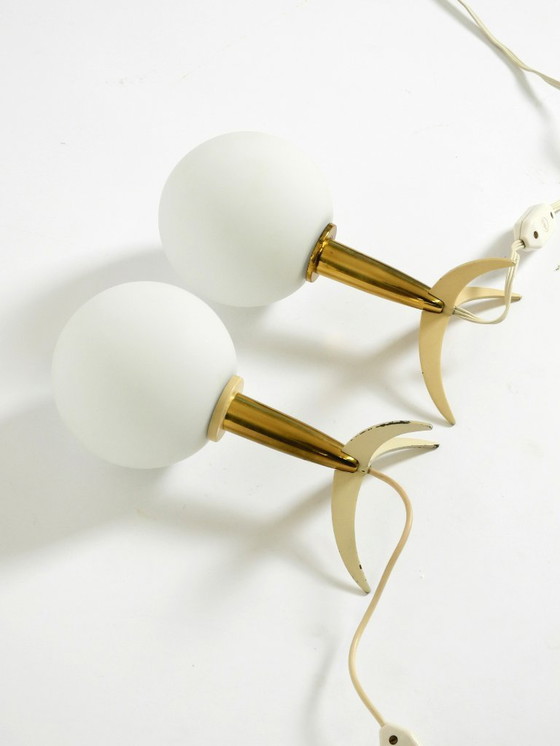 Image 1 of Two Mid-Century Modern rocket table lamps in brass and glass