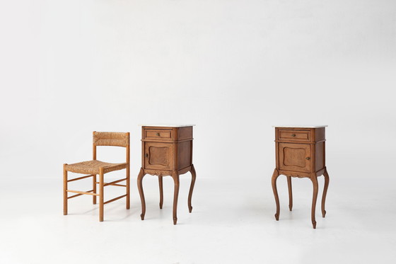 Image 1 of Pair of French Louis XV Style Nightstands in Oak with Carrara Marble Top