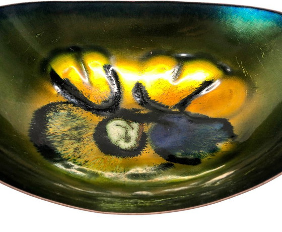 Image 1 of Ciotola vintage italiana in metallo smaltato Laurana Rame d’Arte – Piatto decorativo di metà secolo