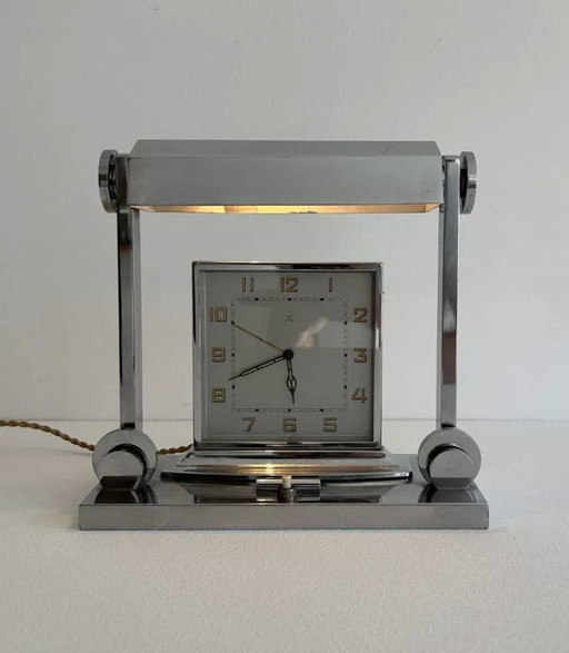 Lampe de table pendule vintage moderniste, laiton chromé, France 1930