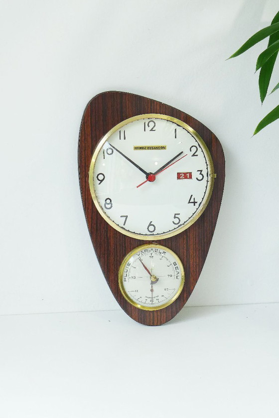 Vintage Wall Clock French Clock with Barometer 60s Retro Space Age Atomic, Morez-Besançon, Wood, Metal, Brown (photo 9 of 9)