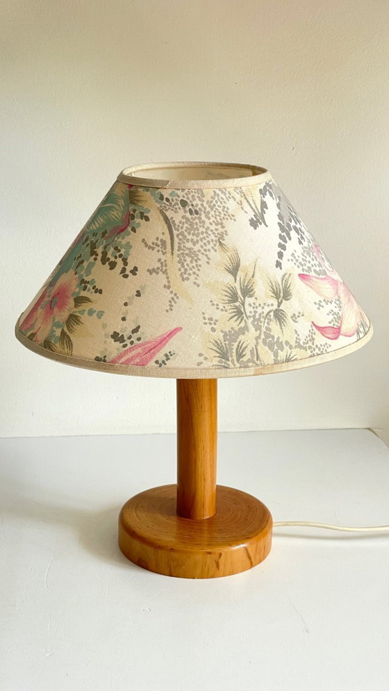 Image 1 of Vintage Pine Lamp with Floral Shade