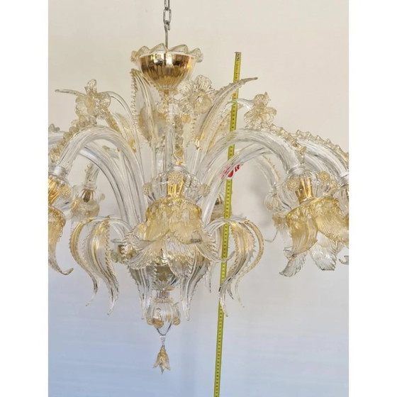 Image 1 of Opulent Gold and Clear Murano Glass Chandelier with Flowers and Leaves