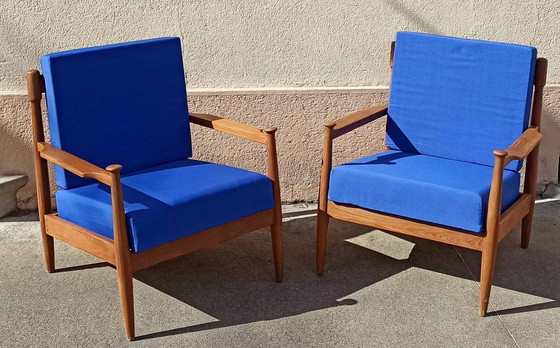 Image 1 of Pair of Scandinavian armchairs with blue cushions, 1960s