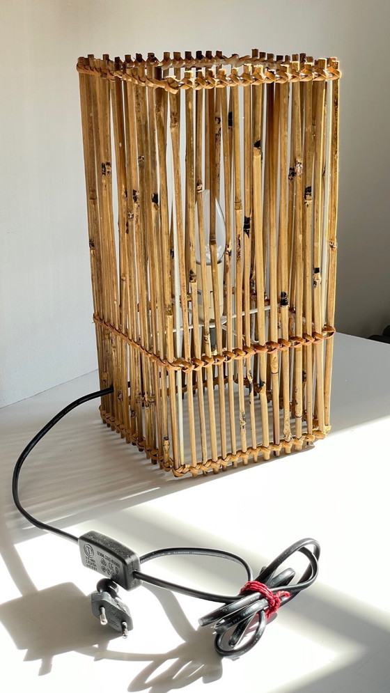 Image 1 of Vintage Wicker Wood Cube Lamp