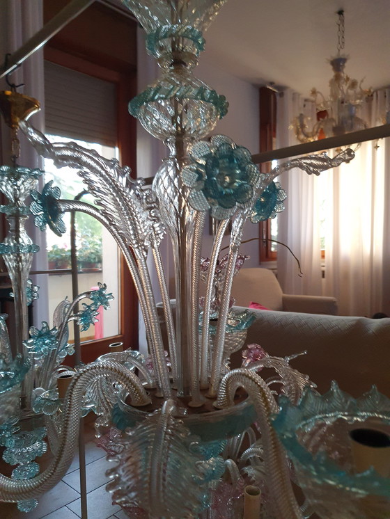 Image 1 of Lámpara de araña de tres brazos de cristal y cristal de Murano azul