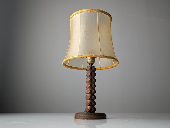Image 1 of Charles Dudouyt Table Lamp, Oak with Parchment Leather Shade, France, 1950s