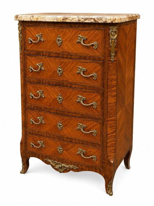 Cómoda estilo Luis XV, chapada en palisandro y marquetería. – ladekasten, Wood, Marble