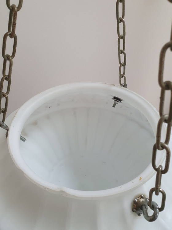 Antique Art Deco Milk Glass Pendant Lamp – 32 cm – 1920s – Metal (photo 5 of 9)