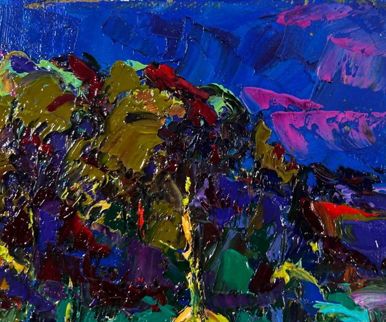 Image 1 of Original Oil Painting Summer Night Landscape Silence shining with a silver sky