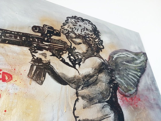 Image 1 of 'Putto with a machine gun' - street art/pop art large-scale oil and mixed media canvas painting, approx. 2010