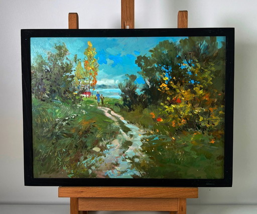 Peinture à l'huile originale représentant un paysage naturel estival, la route vers la rivière