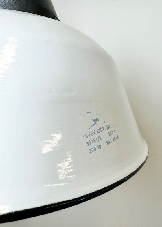 Image 1 of White Enamel and Cast Iron Industrial Pendant Light with Glass Cover, 1960s