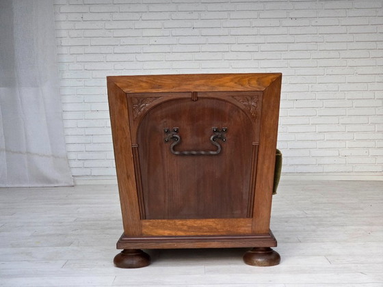 Image 1 of 1950s, Danish 2-seater sofa, original green furniture velour, oak wood.