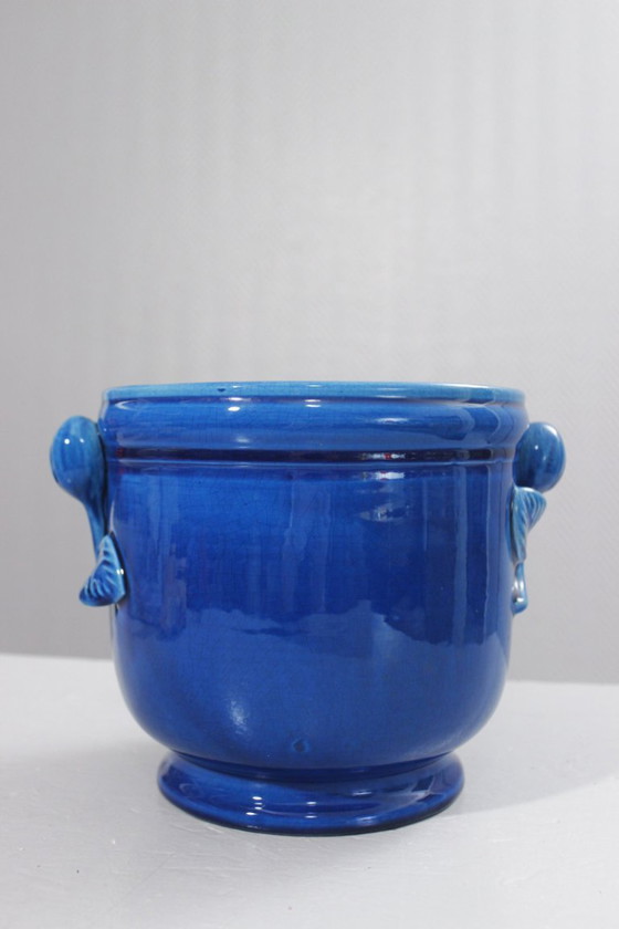 Image 1 of Cachepot vintage in ceramica con smalto blu craquelé, stile Chambost, anni '70