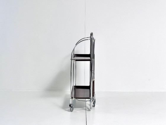 Desserte Bremshey Dinett, pliable, chrome et aspect bois foncé, Mid-Century, Argenté, Vintage (photo 5 sur 15)