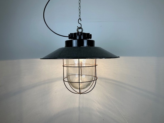 Image 1 of Industrial Grey Enamel Factory Hanging Cage Lamp, 1960s