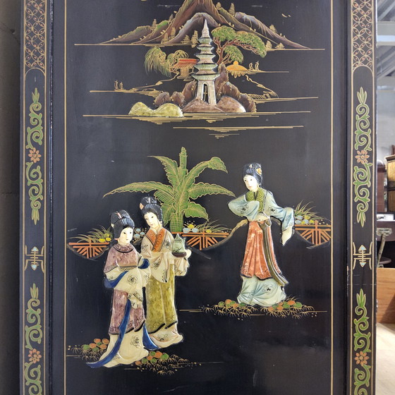 Image 1 of Vintage Chinese Cabinet Black with Hand-Painted Scenes / bohemian cabinet / Asian / Oriental cabinet