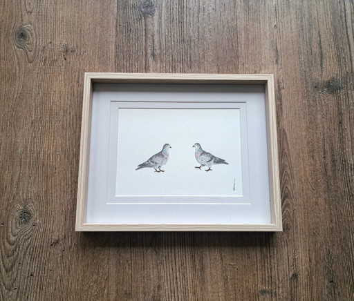Pintura en acuarela de pequeñas palomas | Incluye marco – schilderijen tekeningen, Paper