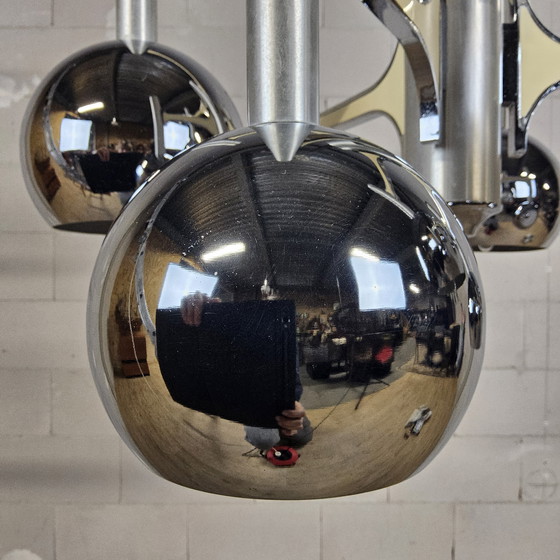 Image 1 of Grote Chromen Vintage Space Age Gaetano Sciolari hanglamp (70s) Itiliaans design (kroonluchter) bol lampen 