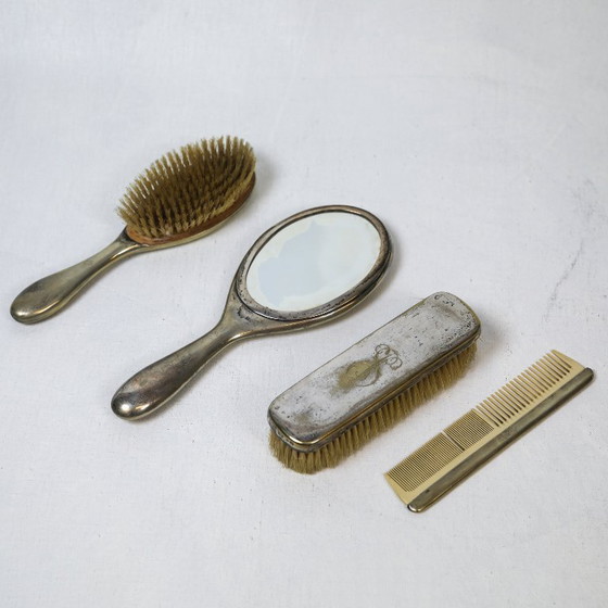 Image 1 of Victoriaanse Sterling dameskaptafelset in antracietkleurige imitatiekrokodillenleer