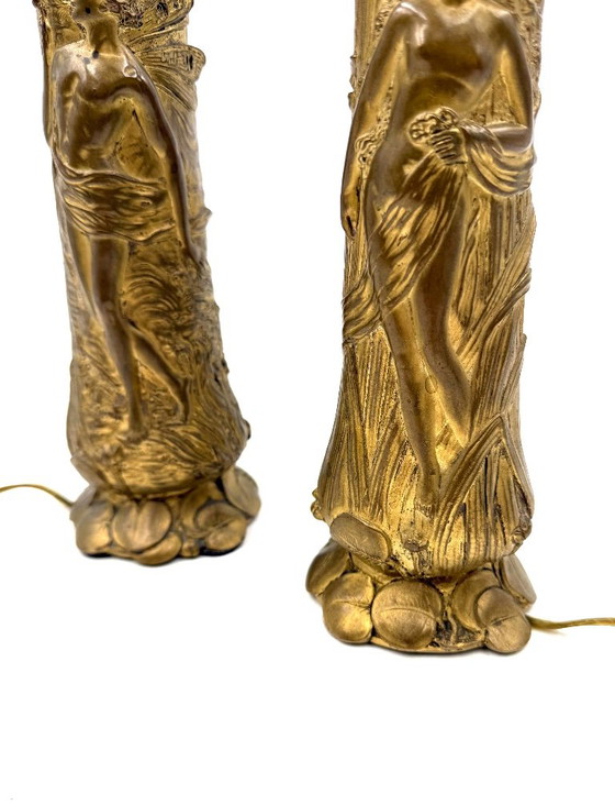 Art Nouveau Set of 2 Bronze Table Lamps, Paul Louchet France Ca. 1900s (photo 6 of 10)