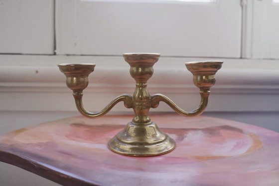 Image 1 of Solid Brass Vintage Candelabra, Bronze-Tone Three-Arm Candle Holder