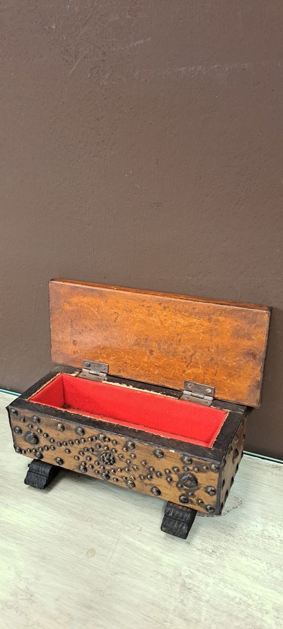 Antique handcrafted jewelry box, Decorative Objects, Leather, Wood, Brown (photo 4 of 8)