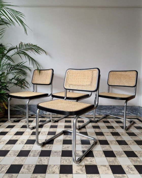 4 stoelen Marcel Breuer, sesca, Eetkamerstoelen, Rotan, Hout, Beige (foto 7 van 7)