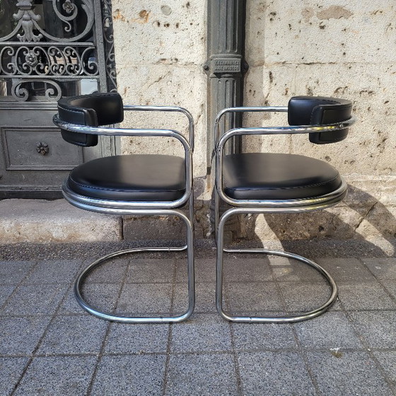 Image 1 of Coppia di poltrone Bauhaus, acciaio cromato e pelle nera, Movimento Moderno, anni '70 – Svizzera