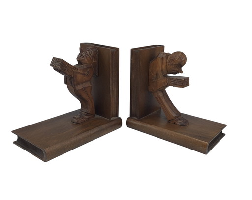 Antique wooden bookends hand-carved 40s 50s