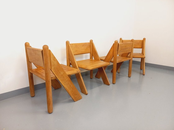 Image 1 of Exceptional suite of a large rectangular table and 4 vintage Brutalist chairs in solid oak from the 60s