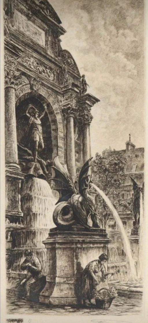 Acquaforte Originale di Aimé Edmond Dallemagne, Fontana Saint-Michel a Parigi – lithos zeefdrukken, Paper (photo 2 of 10)
