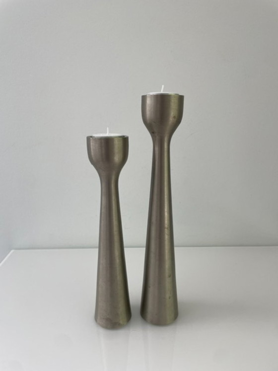 Image 1 of Scandinavian candlesticks of brushed steel – set of two