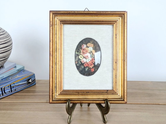 Image 1 of Vintage Floral Bouquet Print with Oval Linen Mat, Gilded Wood Frame, Foiled Shimmer Art
