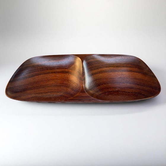 Image 1 of Bol vintage en bois de padouk avec double creux, fait à la main dans les années 70, objet design exotique