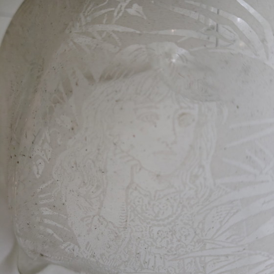 Image 1 of Vintage Copper Pendant Lamp with Etched Glass Shade