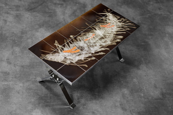 Image 1 of Table basse vintage moderne du milieu du siècle avec plateau en céramique carrelée, années 1970