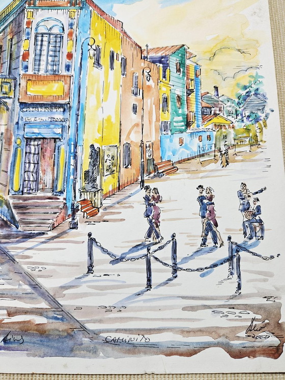 Jorge Alio, Caminito, Buenos Aires, Argentijnse Tango, 2000, Originele Aquarel – Schilderijen & Tekeningen (photo 7 of 8)