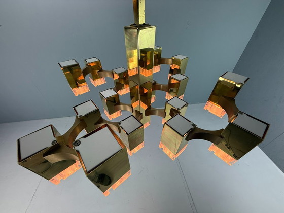 Image 1 of Lustre cubique Sciolari en laiton, édition rare, 17 lumières, Italie des années 1970