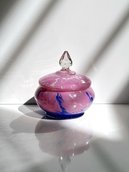 Vintage Murano bonbonnière pink blue speckles Italy MCM Empoli lidded box 1970 70s Mid - Century 70s frosted glass opal crystal