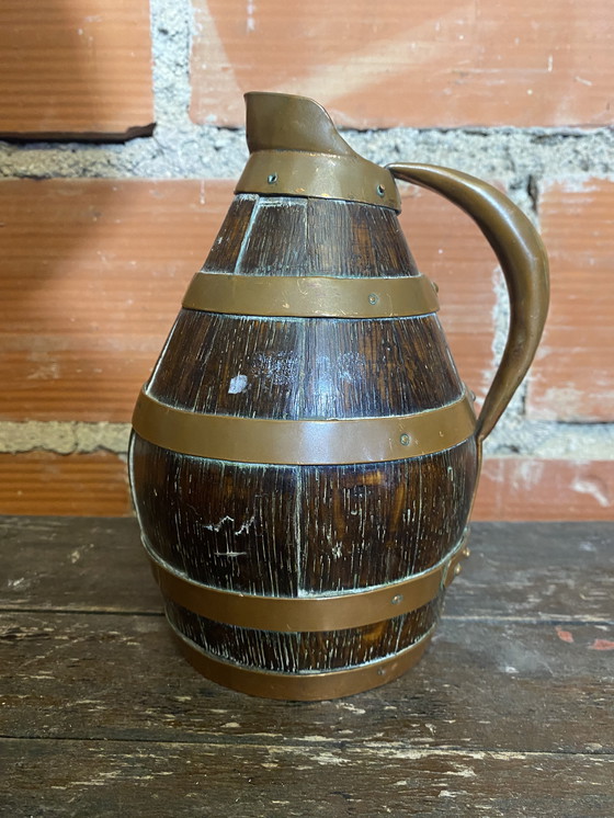 Image 1 of Pichet Ancien Tonneau Bois + Cerclage Cuivre Vintage #D379