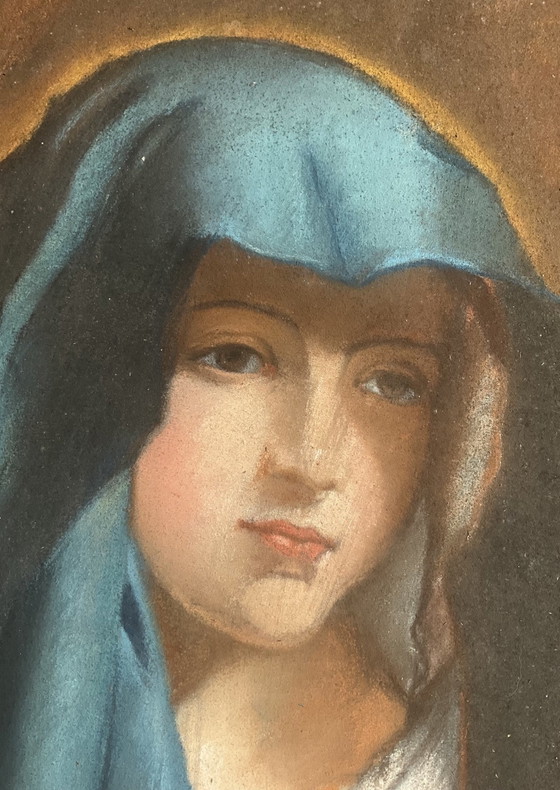 19th Century Virgin Mary Pastel, Blue Veil Madonna After Sassoferrato, Paintings & Drawings, Paper, Glass (photo 3 of 8)