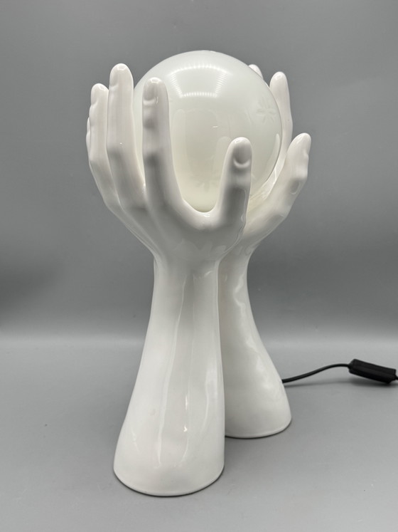 Image 1 of 80s Design Table Lamp With Hands And Glass Sphere