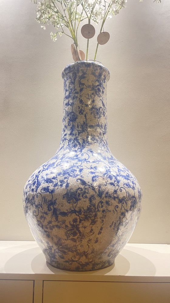 Image 1 of Mega XL large earthenware ceramic vase blue white glaze heavy