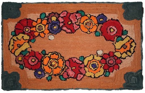 Vintage American Hooked Rug 2'x3' - 1930s Orange Floral